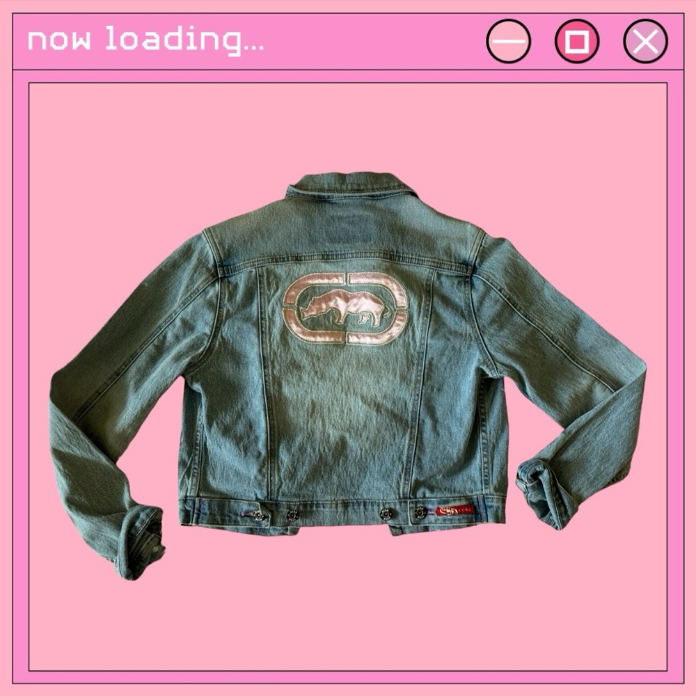 eckōred light denim jacket w/ pink logo back design